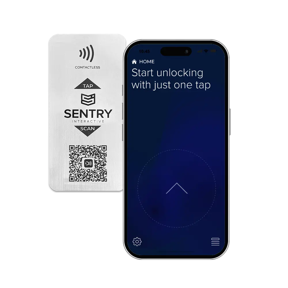 Sentry smartphone access screen next to the passive NFC Smart Access Tile