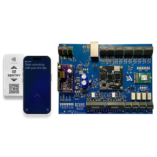 Azure Access controller alongside a smartphone and Sentry Smart Access Tile